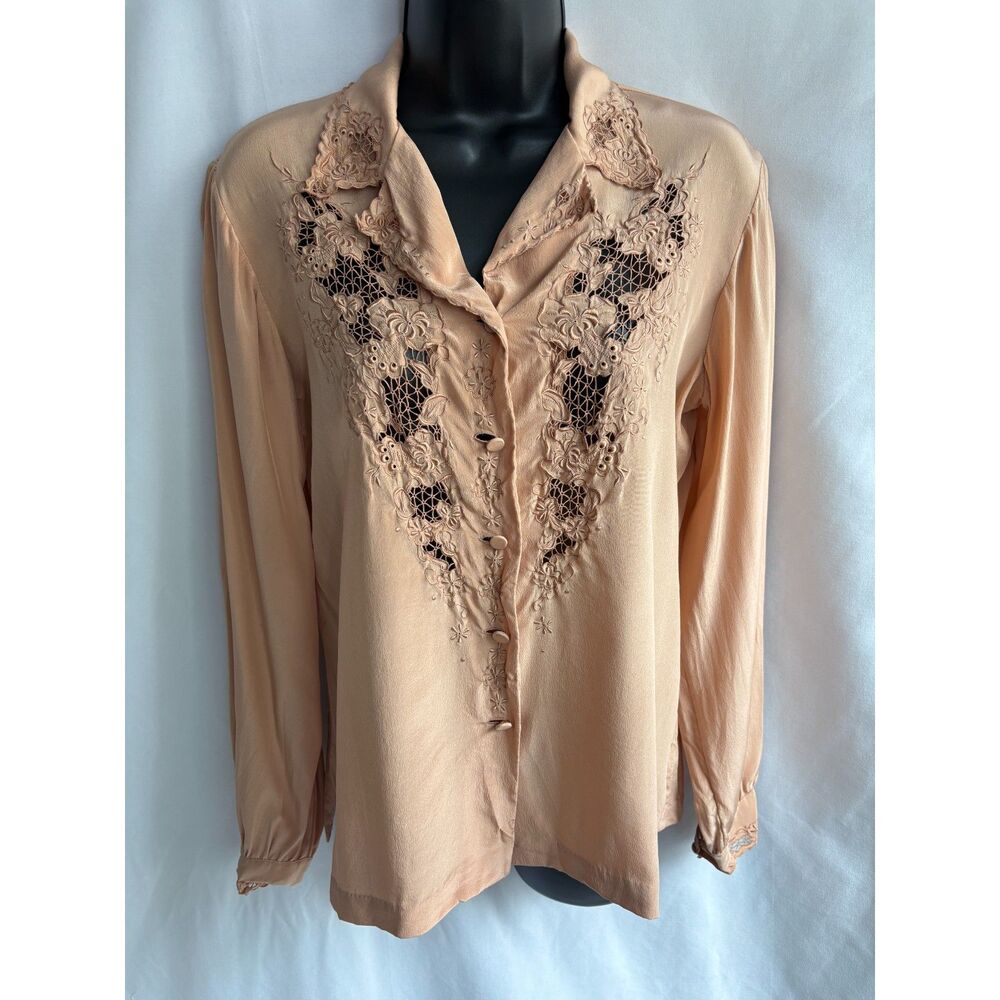 Vintage Peony 100% Pure Silk Blouse Hand Embroidered Size 6/8 Lace Floral Beige